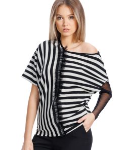 Bluza negru/dungi cu decolteu asimetric RVL