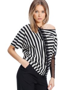 Bluza negru/dungi cu decolteu asimetric RVL