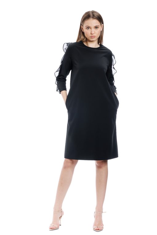 Rochie neagra cu volan pe umar