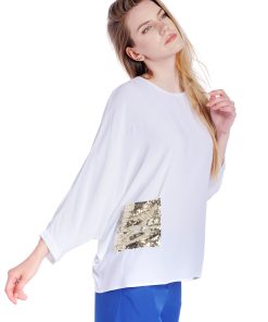 Bluza alba oversize cu buzunar din paiete RVL