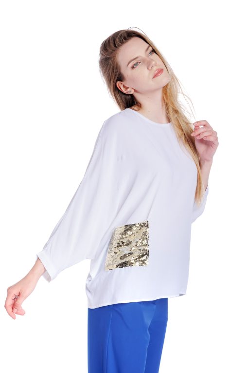 Bluza alba oversize cu buzunar din paiete RVL