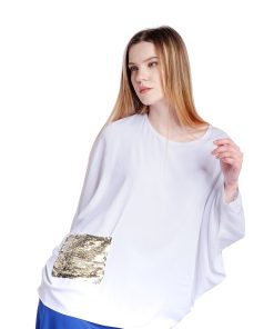 Bluza alba oversize cu buzunar din paiete RVL