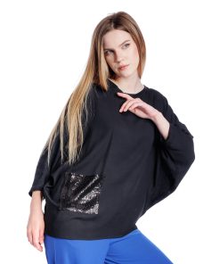 Bluza neagra oversize cu buzunar din paiete RVL