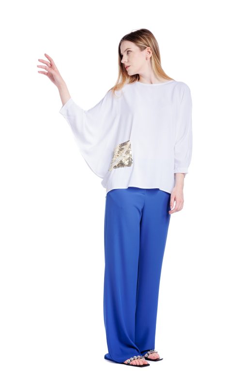 Bluza alba oversize cu buzunar din paiete RVL